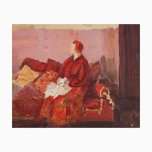 Francesco Settimj, Una mujer en un sofá con perro, pintura al óleo, mediados del siglo XX