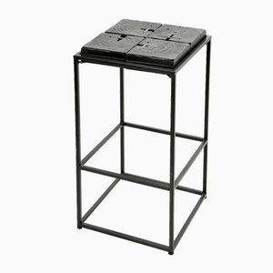 Iron and Solid Wood Stool with Black Patina