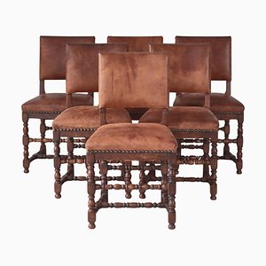 Sedie da pranzo ebanista in pelle patinata e legno di quercia, Danimarca, anni '40, set di 6