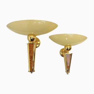 Burl Wood and Brass Wall Lamps in the style of Milo Baughman, 1970s, Set of 2