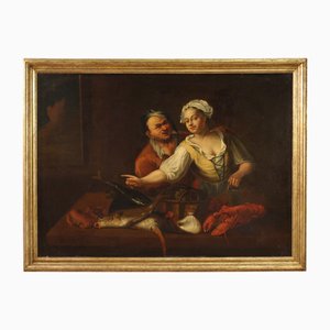 Flemish Artist, Interior Scene with Fish Seller, 1660, Oil on Canvas, Framed