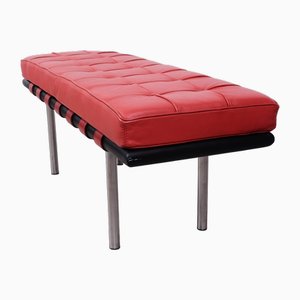 Barcellona 3-Seater Bench in Red Leather, Wooden Base and Steel Legs