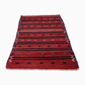 Kilim Runner Rug in Wool in Shades of Red with Oriental Decorations