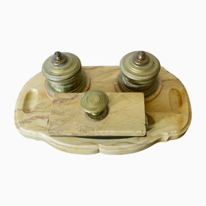 Tintero francés de latón y mármol. Juego de 6