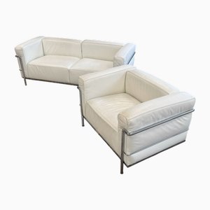 LC2 Two-Seater Sofa and Chair in White Leather by Le Corbusier & Pierre Jeanneret for Cassina, 1970s, Set of 2