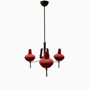 Lustre en Laiton Rouge en Verre Opalin, 1950s