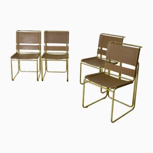 Chaises avec Structure en Laiton et Assise en Cuir Marron Clair par Gastone Rinaldi pour Rima Company, 1970s, Set de 4