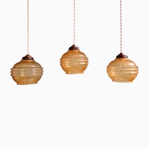 Art Deco Pendant Lights in Amber Cracked Glass, 1920s, Set of 3