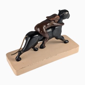 Art Deco Sculpture of Ariadne and the Panther, 1920s, Wood and Brass