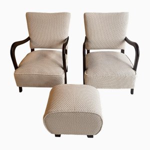 Armchairs and Footstool in Walnut and Fabric, Italy, 1950s, Set of 3