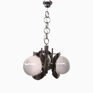 Italian Hanging Light in Chromed Steel and Glass Sphere Lampshades, 1970s