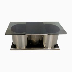 Vintage Rectangular Smoked Glass Coffee Table with Dry Bar by Francois Monnet, 1970s