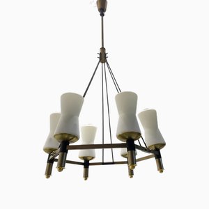 Bronze and Opaline Glass Chandelier, 1950s