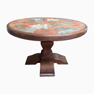 Tavolo da pranzo rotondo in quercia e ceramica di Barrois, anni '70