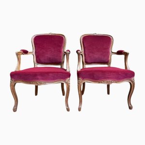 Set of Louis XV Style Cabriolet Armchairs in Red Velvet