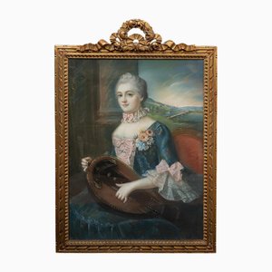 French Napoleon III Artist, Bust of a Noblewoman Playing the Hurdy-Gurdy, 19th Century, Pastel, Framed