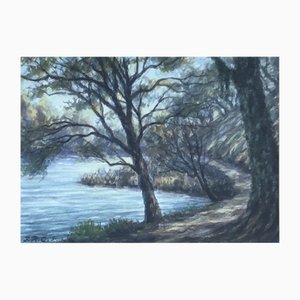 Jules Robert Chatelain, Chemin au bord de l'eau, 1951, Acquarello su carta, Incorniciato