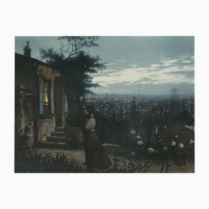 Lionello Balestrieri, Deux amants dans un jardin au dessus de Paris, Engraving, Framed