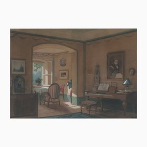 Herman Moller, 1800s Interior, Watercolor on Paper, Framed