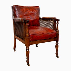 Georgian Regency Bergere Library Chair in Leather and Cane Rattan, 1810s-1820s