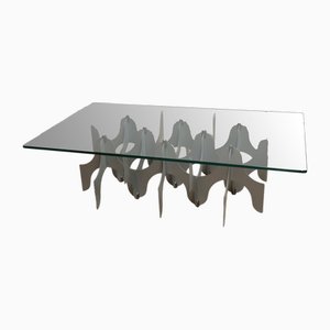 Minimalist Sculptural Coffee Table in Metal and Glass, 1980s
