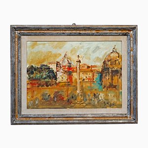 Emanuele Cappello, Blick auf die Piazza Del Popolo in Rom, 1970er, Ölgemälde auf Leinwand