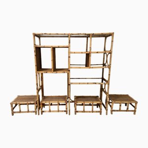 Postmodern Bamboo Bookcase with Smoked Glass Shelves attributed to Vivai Del Sud, Italy, 1970s, Set of 5