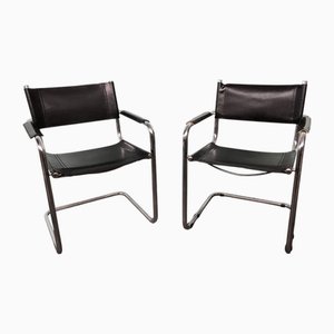 Sedie vintage in acciaio cromato e pelle, Italia, anni '70, set di 2