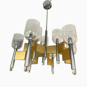 Italian Brass, Chrome and Murano Glass Chandelier by Gaetano Sciolari, 1970s