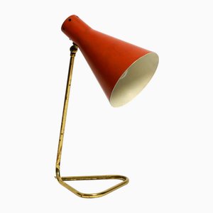 Large Mid-Century Modern Brass Table Lamp with Brick Red Shade, 1950s