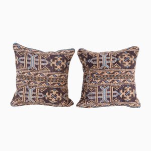 Vintage Rug Organic Striped Brown Blue Oushak Cushion Covers, Set of 2