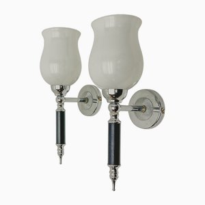 Wall Lamps in Chrome Plating and Opaline Delmas, 1970s, Set of 2