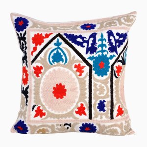 Square Blue Suzani Cushion Cover in Mid-20th Century Uzbek Suzani with Pastel Color