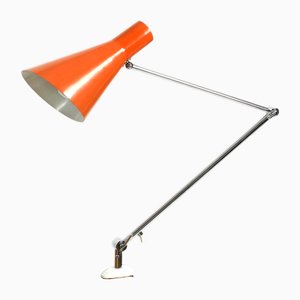 Very Mid-Century Modern Italian Brass Joint Clamp Lamp with Red Cone Shade, 1950s