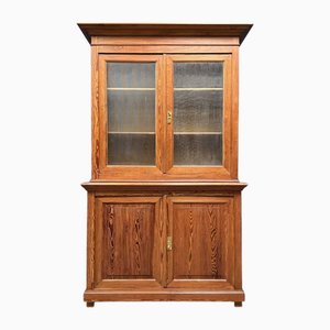 Belgian Pitch Pine School Cupboard with Ribbed Glass