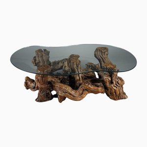 Coffee Table in Tree Roots with Bean-Shaped Glass Top, 1960