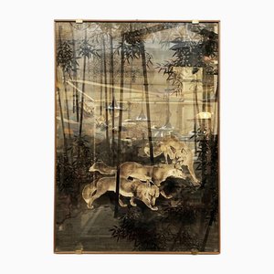 Antique Japanese Silk Tapestry with 5 Foxes in Bamboo Forest, 1700s
