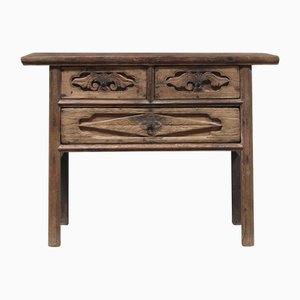 Two Drawer Carved Elm Table, 1800s