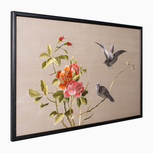 Broderie Art Déco Vintage en Soie avec Scène d'Oiseaux, Japon, 1940s