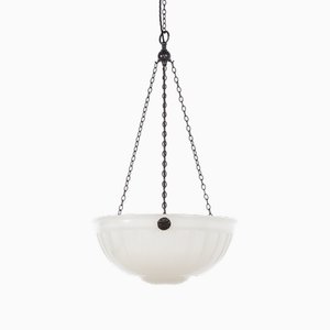 Large Antique Moonstone Bowl Ceiling Light, 1920s