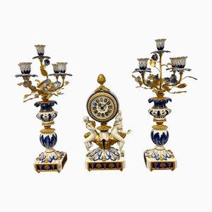 Large Victorian French Porcelain and Gilded Metal Clock Set, 1860s, Set of 3