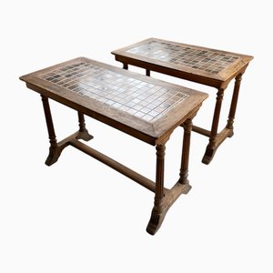 Vintage Bistro Tables in Walnut and Tiles, 1890, Set of 2