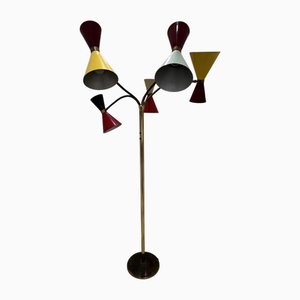 Mid-Century 5-Arm 10-Light Brass and Enamelled Aluminum Floor Lamp attributed to Stilnovo, 1950s