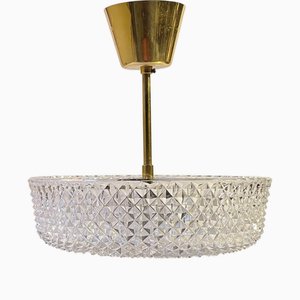 Mid-Century Pendant Chandelier in Crystal Glass & Brass from Kamenický Šenov, 1960s