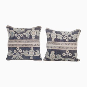 Housses de Coussin Gris Foncé et Bleu Oushak, Turquie, Set de 2