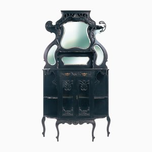 Arts & Crafts Parlour Cabinet in Black Ebonised Wood and Mirror Glass from Maddox & Co., England, 1910s