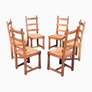 Brutalist Rustic Oak Slat Back Dining Chairs, Belgium, 1960s, Set of 6