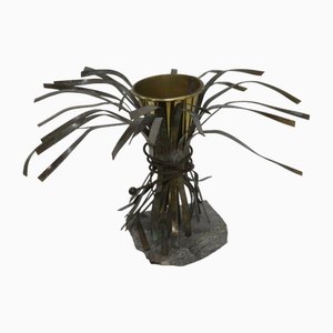 Vase Sculptural en Laiton avec Socle en Pierre, 1970s