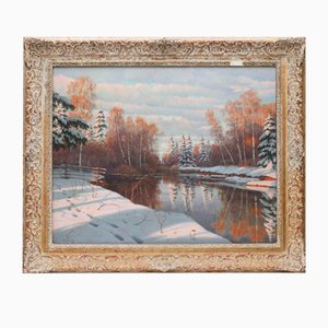 Boris Bessonov, Paisaje invernal, Orilla del río en invierno, Óleo sobre lienzo