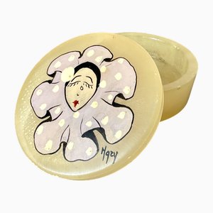 Italienische Vintage Alabaster Pillendose mit Harlekinmotiv von Oscar Vita